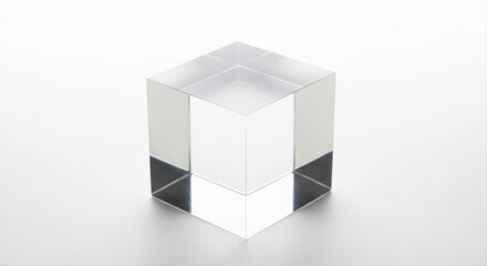 Fototapeta premium Transparent acrylic cube block isolated on a pristine white background with soft reflections and minimalist design