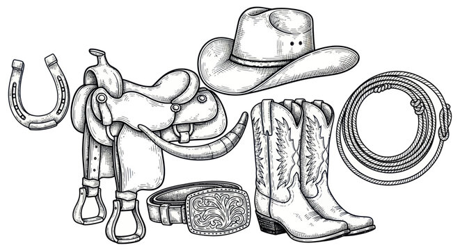 Western Cowboy Gear Collection: Saddle, Boots, Hat, Horseshoe, Rope, Belt Buckle