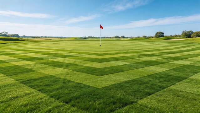 Golf course with striped grass and red flag