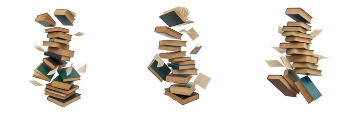 Floating Books and Stacks of Old Vintage Books Flying in Air Isolated on White Background © Julian