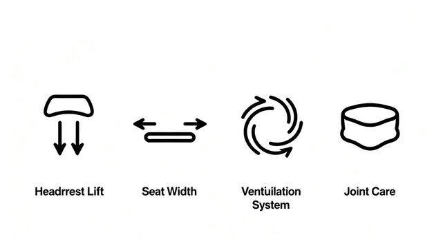 Headrest lifting, seat width adjustment, ventilation and spine protection function icon, adjustable seat maintenance, suitable for high-end office ergonomic seat promotion scenes.
