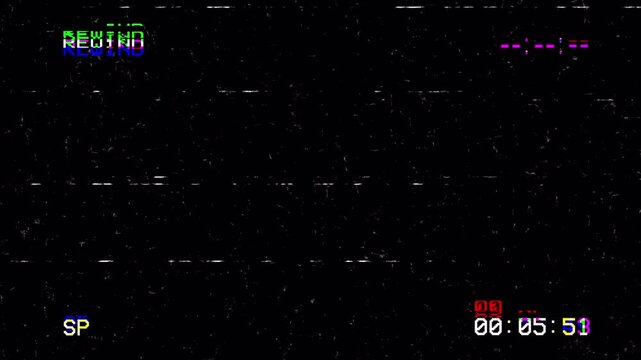 VHS Rewind Retro Analog Glitch Overlay Loop with Timecode and Static Noise 4k video animation seamless loop