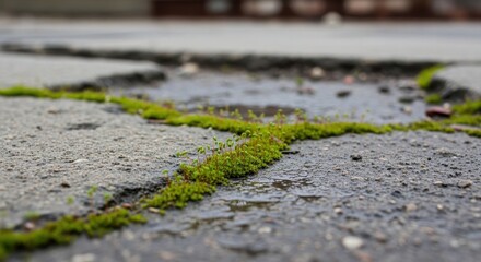Obraz premium Green Moss Growing Through Cracked Pavement in Urban Environment