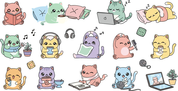 Cute cats daily activities collection with sleeping, working on laptop, listening to music and studying, adorable cartoon kittens lifestyle vector illustration set