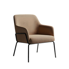 Fototapeta premium Modern brown leather armchair with sleek metallic legs and curved backrest isolated on white background