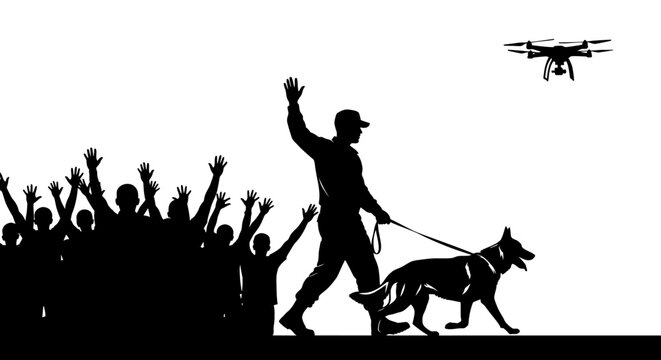 Security team: handler, dog, drone, and crowd surveillance