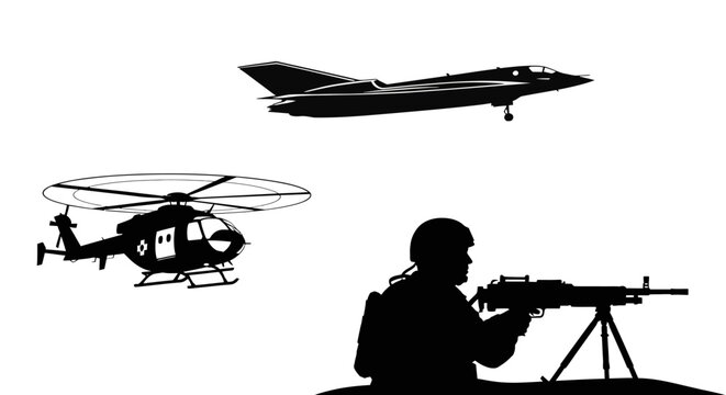 Silhouette of military helicopter, jet fighter, and soldier with machine gun against white background