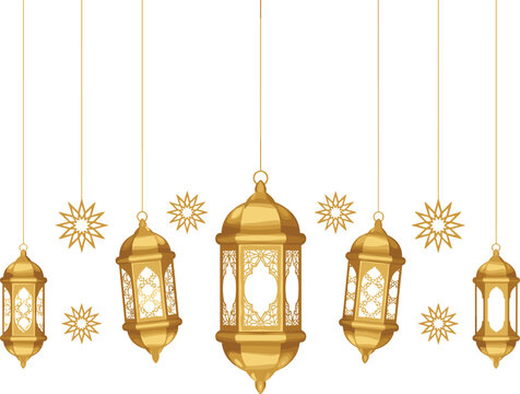Golden lanterns and stars, Ramadan Eid decoration, festive hanging ornaments, Islamic celebration design, cultural holiday illustration, elegant golden silhouette