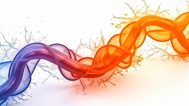 Emerging from an immaculate white canvas, a futuristic molecule flowing like digital river loop unfurls in a vibrant spectrum of blues and oranges, with delicate filaments undulating