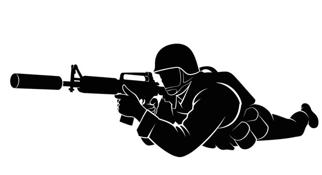 Soldier Aiming Rifle with Silencer, Tactical Combat Silhouette