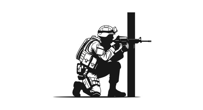 Soldier aiming rifle from behind cover, tactical warfare, military action, combat readiness