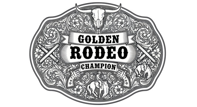 Golden Rodeo Champion Belt Buckle with Bull Skull and Cowboy Elements