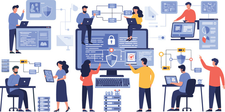 Cybersecurity team protecting data with digital security systems, programmers monitoring networks and servers, technology protection concept flat vector illustration set
