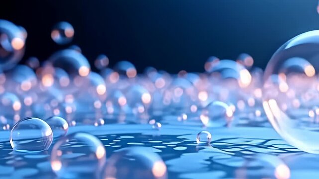 Soft, luminous bubbles of gaseous compounds drift and shift gracefully, echoing a futuristic molecule flowing like digital river loop, as they create a serene yet dynamic movement pattern on