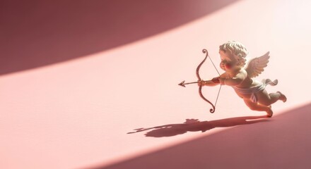 Naklejka premium Figurine of winged cherub with bow and arrow, on pink background