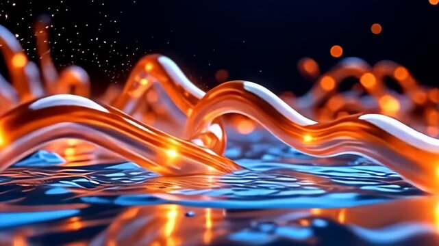 In a luxurious display, a radiant futuristic molecule flowing like digital river loop bursts forth in rich amber and cobalt, elegantly swirling and twirling, its smooth transitions