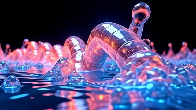 Witness a futuristic molecule flowing like digital river loop, elegantly morphing through phases of vivid colors and crystalline structures, spiraling and breaking apart in a seamless