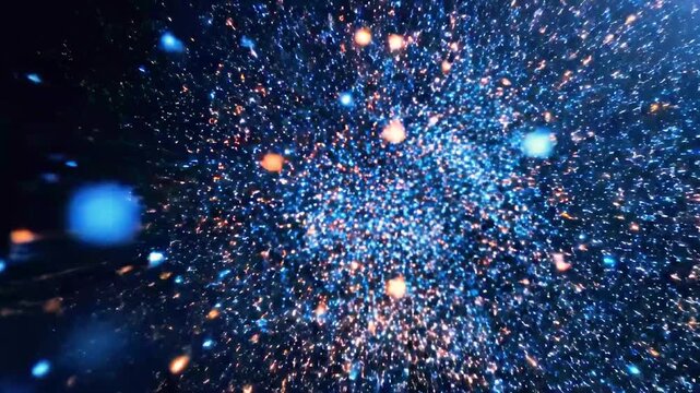 A bright light explodes in a dark space, surrounded by vibrant blue and orange particles