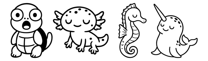 Set of Cute Kawaii Sea Animal Characters Featuring Surprised Turtle Axolotl Seahorse and Narwhal Hand Drawn Doodle Vector Illustration for Kids Coloring Page © Asher