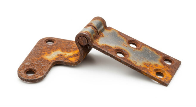 Rusty metal hinge with visible corrosion isolated on a clean white background