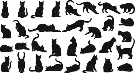 Black cat silhouettes collection with sitting, stretching, playing and hunting poses, domestic feline pet silhouette vector illustration set © Sanjida