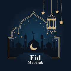 Eid Mubarak Islamic holiday greeting card with mosque and lantern  Muslim celebration