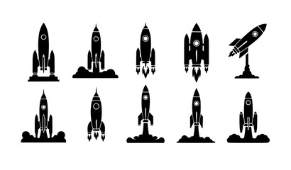 Space rocket launch silhouettes collection spacecraft flight vector icon set © Hazara