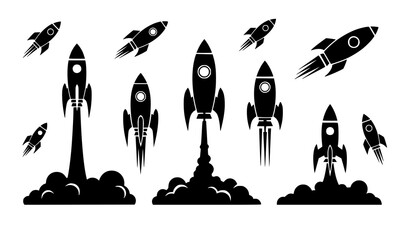 Rocket launch silhouettes space travel exploration spacecraft vector illustration set © Hazara