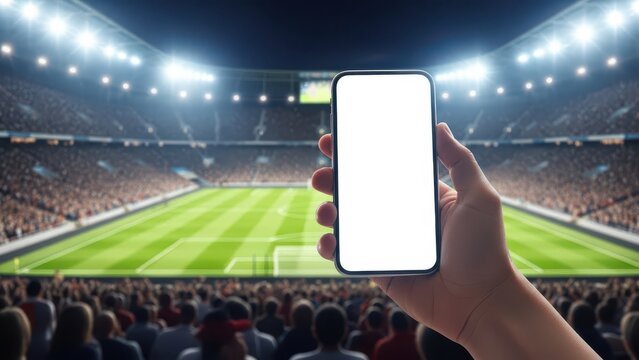 Hand holding smartphone with blank screen at crowded soccer stadium during match