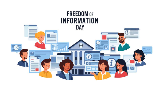 Illustration of diverse people surrounding a government building with floating documents and icons on Freedom of Information Day.