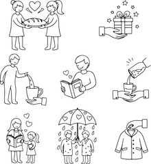 Fototapeta premium Silhouette illustrations of people engaging in various daily activities in silhouette