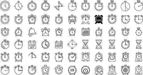 Clock, alarm and stopwatch icons mega collection, time management and countdown symbols set with vintage and modern timer outline vector illustration