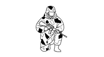 Obraz premium Soldier in Camouflage Uniform Kneeling with Rifle, Military Combat Ready Pose