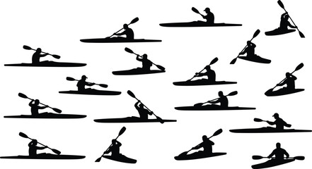 Collection of kayak paddler silhouette set, isolated on white background, canoe kayaking water sport athlete adventure outdoor activity vector style