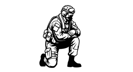 Obraz premium Soldier Kneeling in Tactical Gear, Military Action Pose, Black and White Vector Graphic