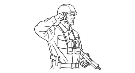 Obraz premium Soldier Saluting with Binoculars and Pistol, Military Uniform, Vintage Style Illustration