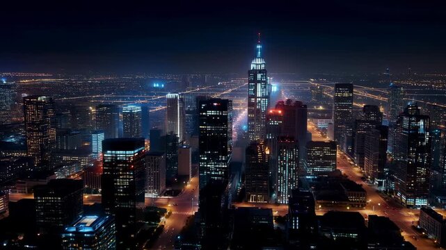 Abstract night city as microprocessor schematic background with glowing pathways and nodes