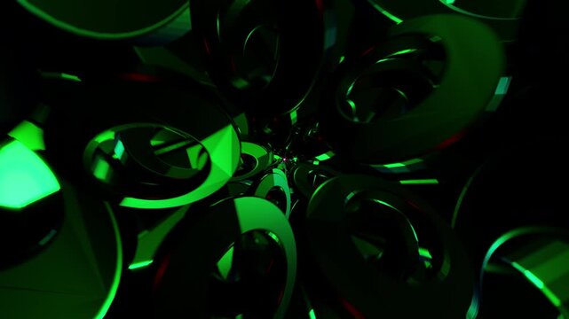 Emerald ring tunnel VJ loop with glossy chrome rings spiraling into core