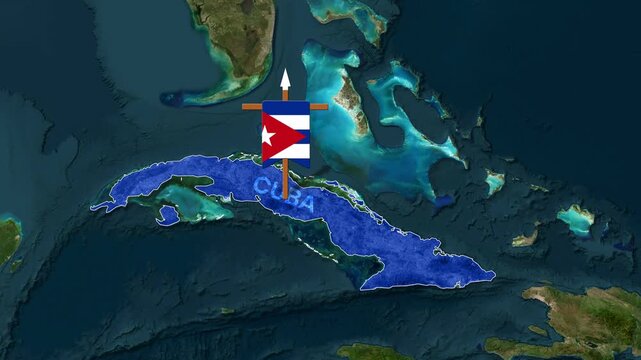 Geographic map of Cuba highlighted with a waving flag pointer footage