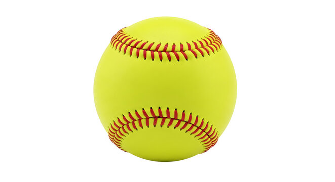 Bright yellow softball with red stitching against a plain background isolated on white background