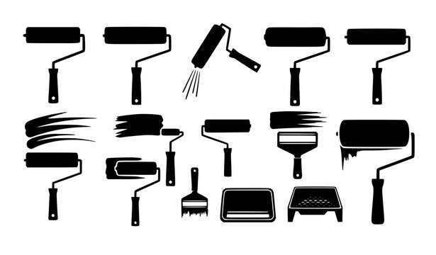 Paint roller silhouette set decoration home improvement painting tool vector illustration