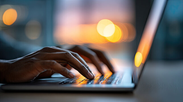 Timelapse of people working in a busy office concept. Close-up of hands typing on a laptop in ambient lighting.