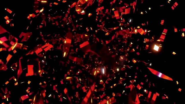 Dynamic explosion of shiny red confetti particles scattering against a black background, celebration and party concept, high quality 3D render.