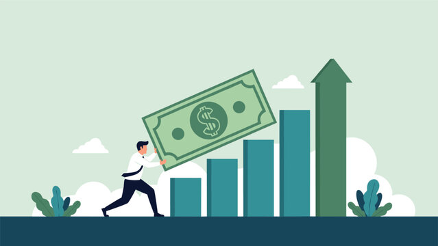 Ambitious businessman pushing a giant green dollar bill up a rising bar graph to represent financial growth, corporate success, and profit increase.