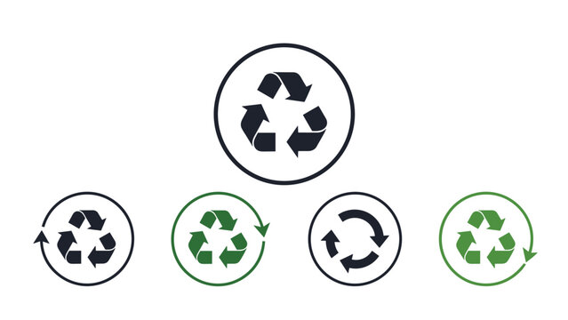 Collection of universal recycle symbols in various styles and green colors for environmental conservation branding and eco friendly packaging labels.