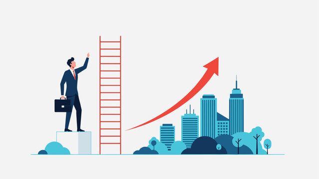 Ambitious businessman standing before a red ladder and a rising arrow over a city skyline symbolizing career growth and corporate achievement.