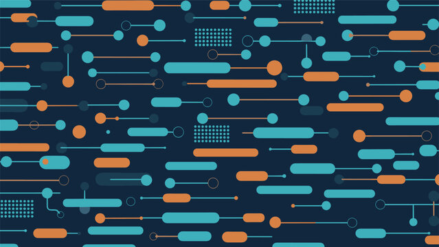 Abstract technology pattern with horizontal lines, dots, and rounded rectangles in teal and orange on a dark blue background for data themes.