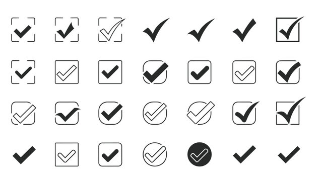 Massive collection of various black and white checkmark icons and checkbox symbols in square, circular, and hand drawn styles for web designs.