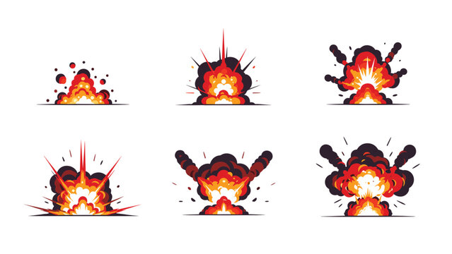 Set of six colorful comic book style explosion effects featuring fire smoke and orange blasts in a dynamic graphic style.