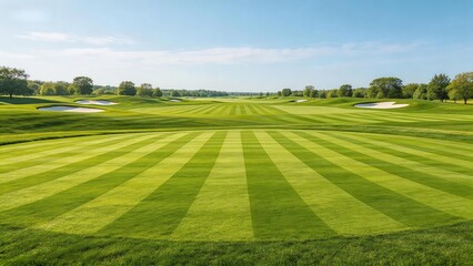 Obraz premium Golf course with striped grass and sand traps